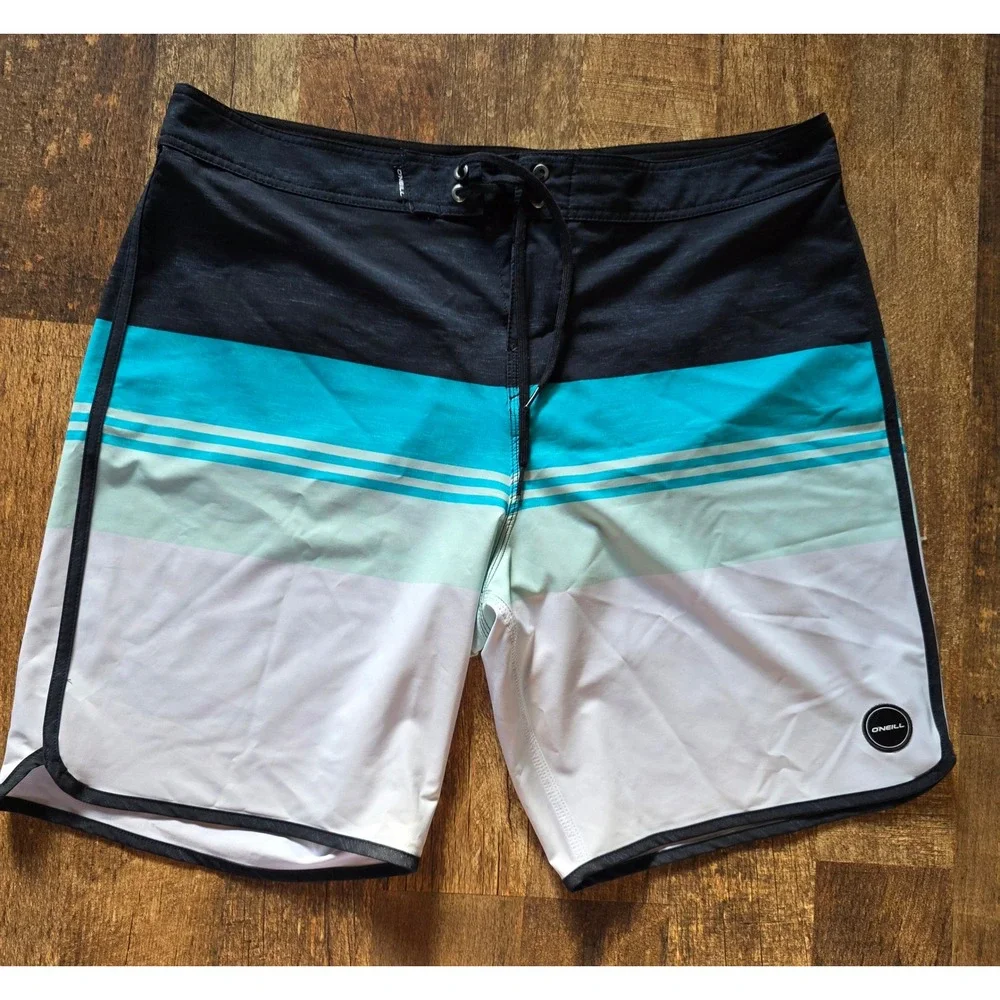 ONeill Mens Board Shorts 36 Black Teal‎ White Colorblock Striped Swim Trunks 9in